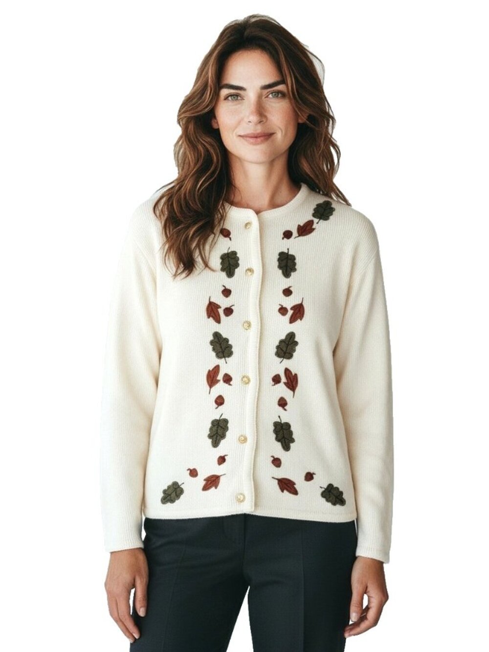 Croft & Barrow Sweater Cardigan Large Cream Embroidered Fall Leaf Mexico Vintage